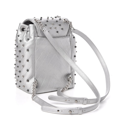 Chanel Metallic Lambskin Chevron Quilted Studded Stud Wars Backpack Silver 3 of 10