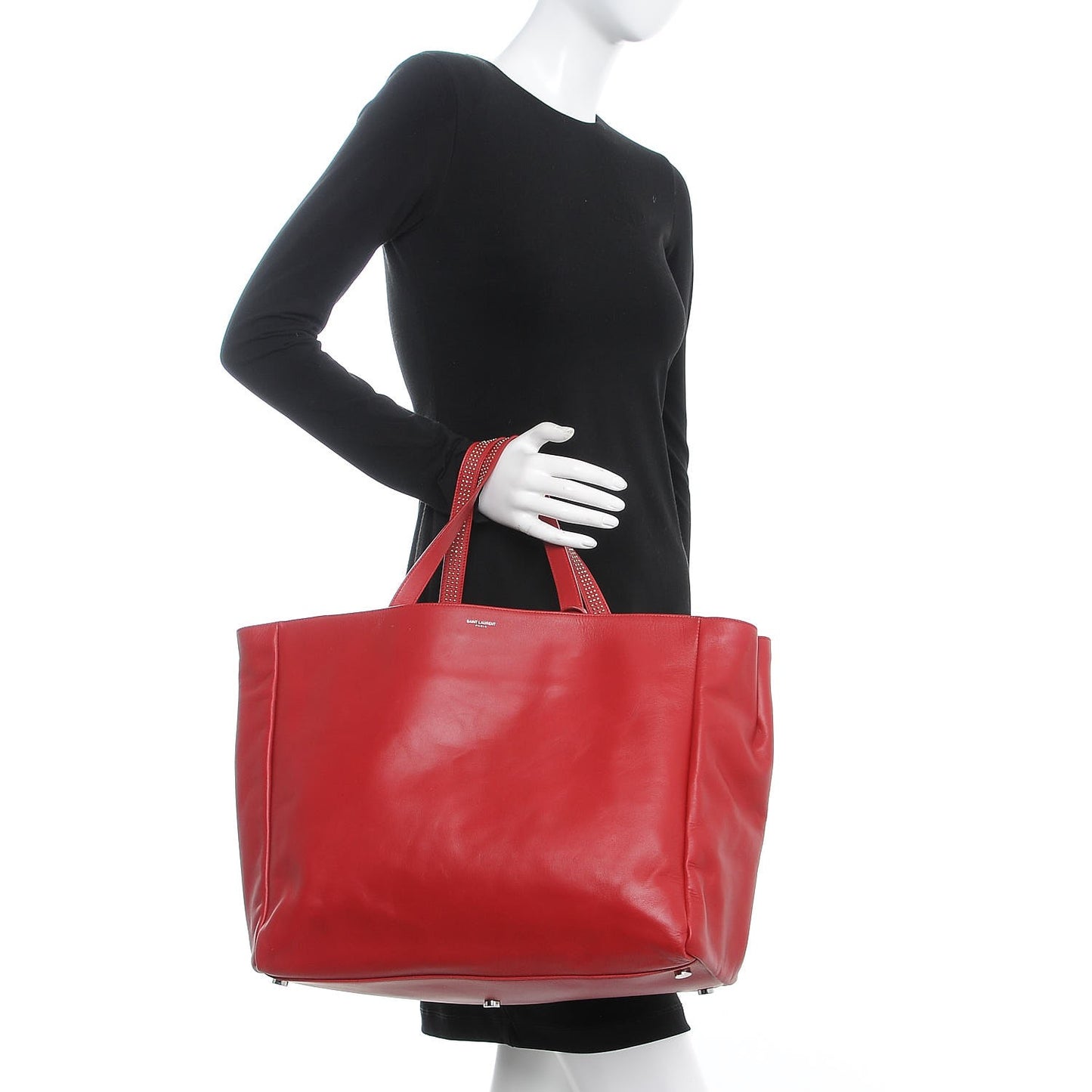 Calfskin Suede Stud Reversible Shopper Tote Red