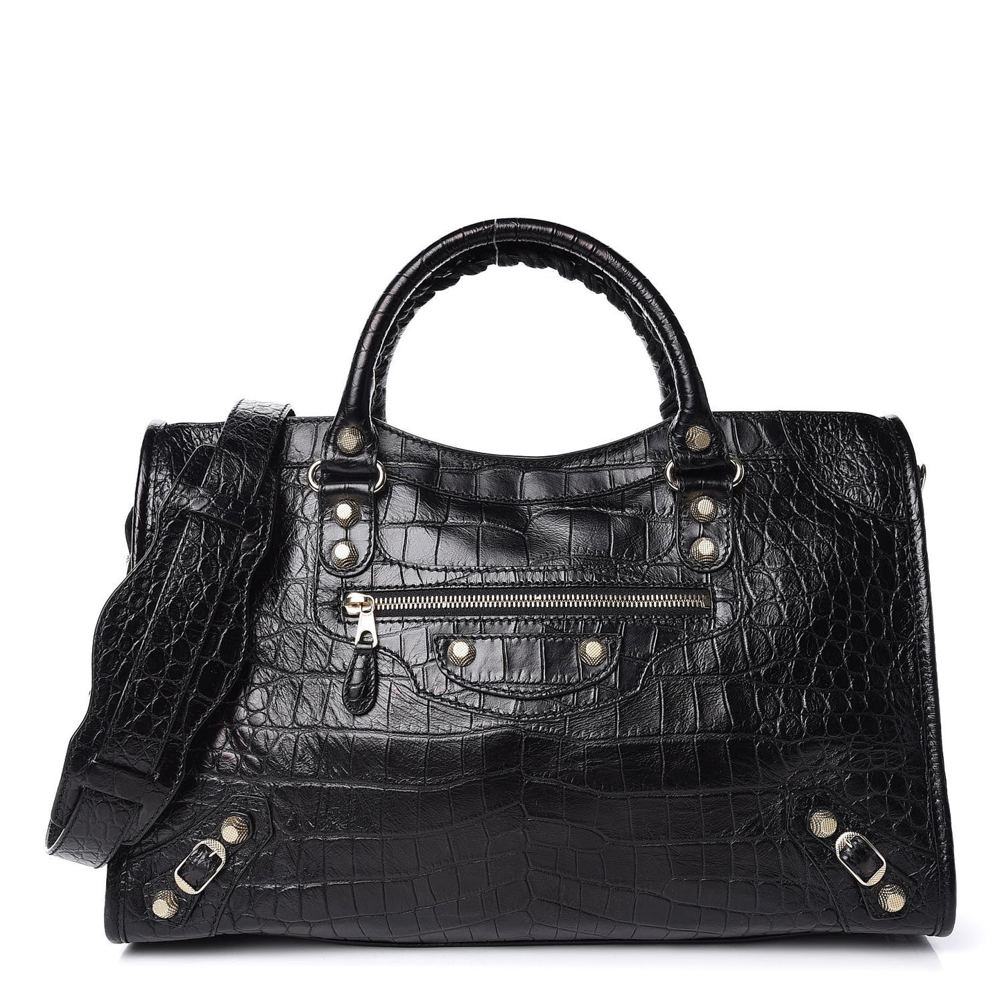 Calfskin Crocodile Embossed Giant 12 Gold Hardware City Black