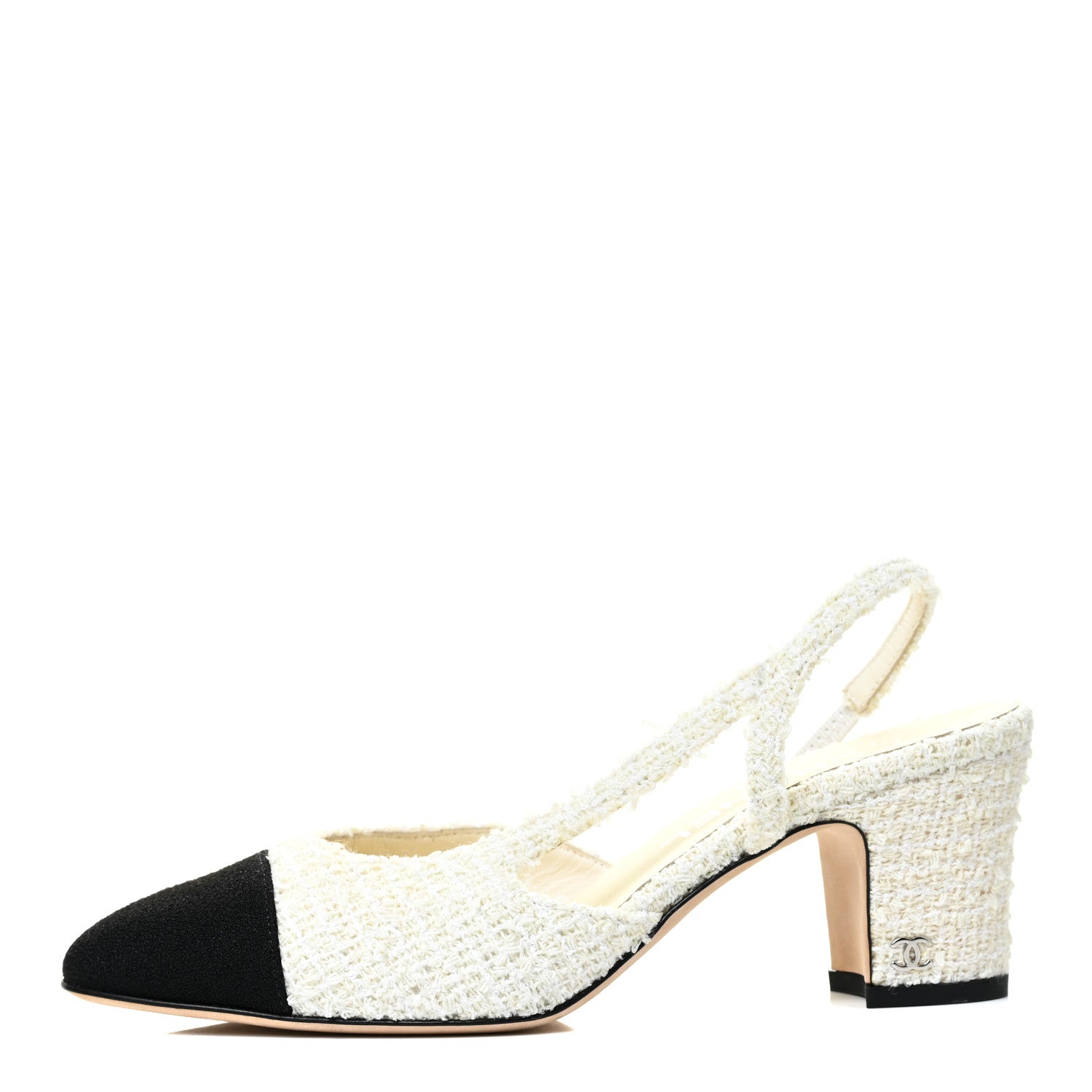 Chanel Tweed Cap Toe CC Slingback Pumps 37 Ivory Black 1 of 9