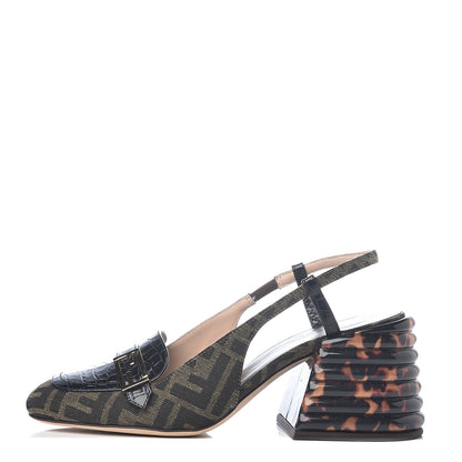 Fendi Jacquard Calfskin FF Tortoise Promenade Slingback Loafer Pumps 38 Tobacco 1 of 7