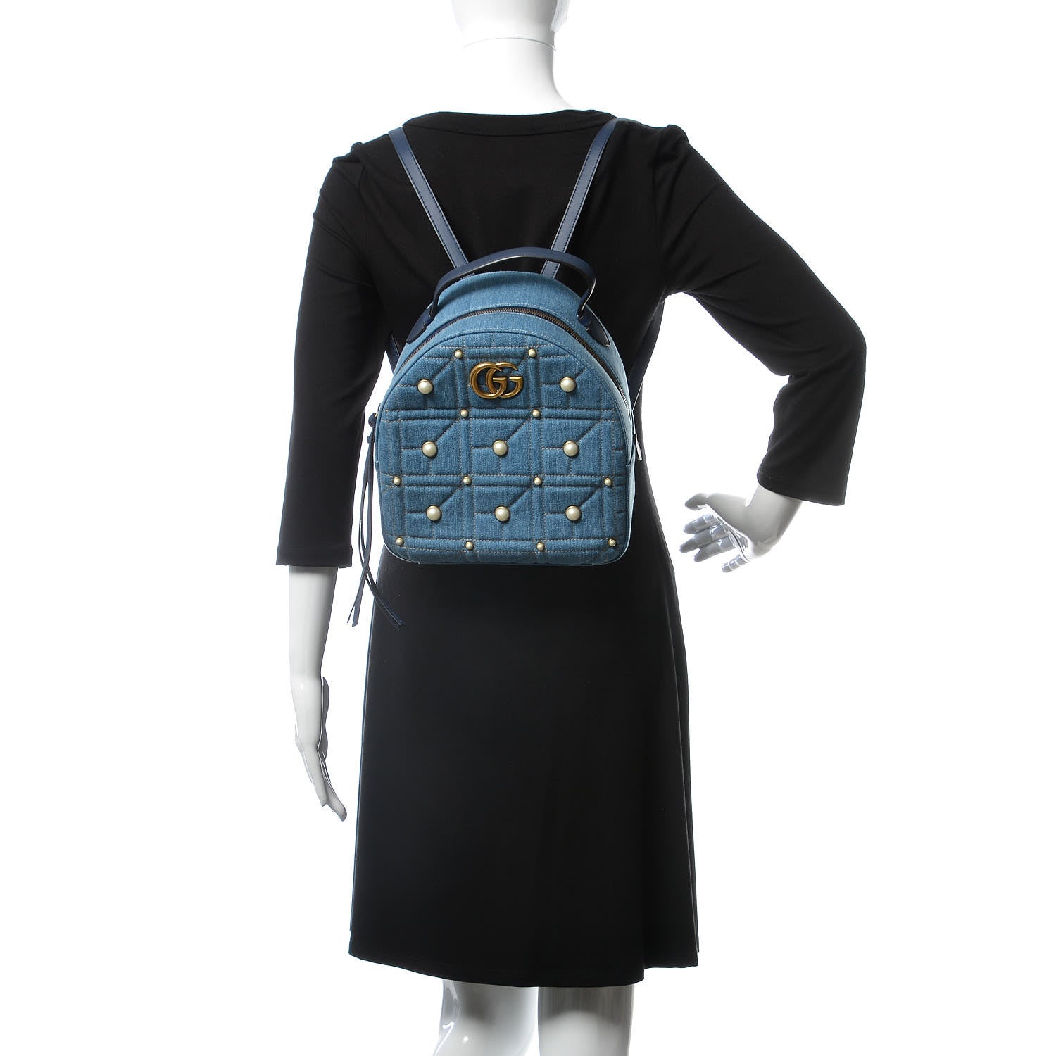 Gucci Kura Denim Matelasse Cubic Pearl Studded GG Marmont Dome Backpack Blue 2 of 13