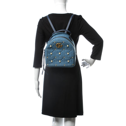 Gucci Kura Denim Matelasse Cubic Pearl Studded GG Marmont Dome Backpack Blue 2 of 13