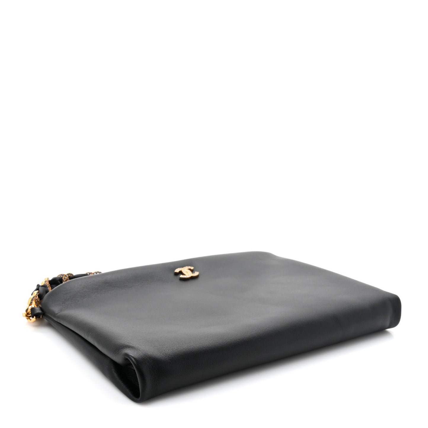 Lambskin Crystal Medium CC Pouch With Handle Black