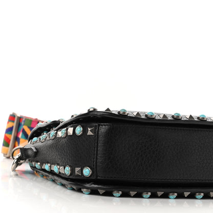 Valentino Garavani Pebbled Calfskin Medium Guitar Strap Rockstud Rolling Flap Saddle Bag Black 7 of 12