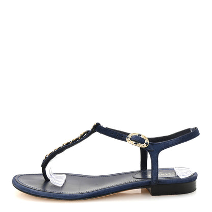 Chanel Suede Calfskin Thong Sandals 37 Navy Blue 1 of 9