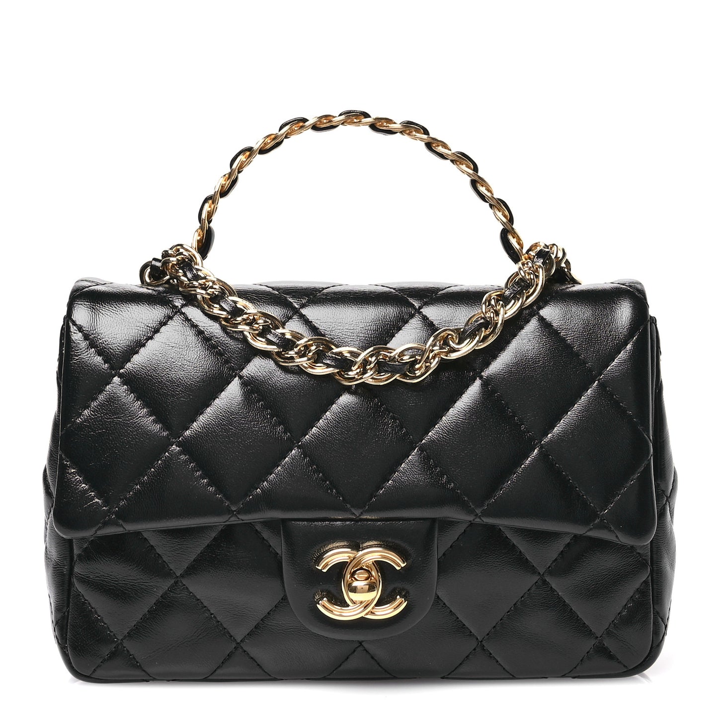 Shiny Lambskin Quilted Golden Links Top Handle Flap Black