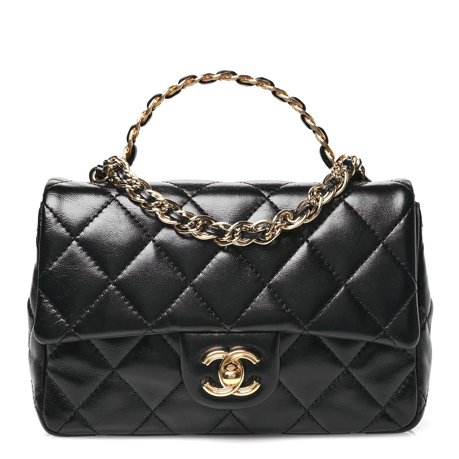 Chanel Shiny Lambskin Quilted Golden Links Top Handle Flap Black 1 of 10