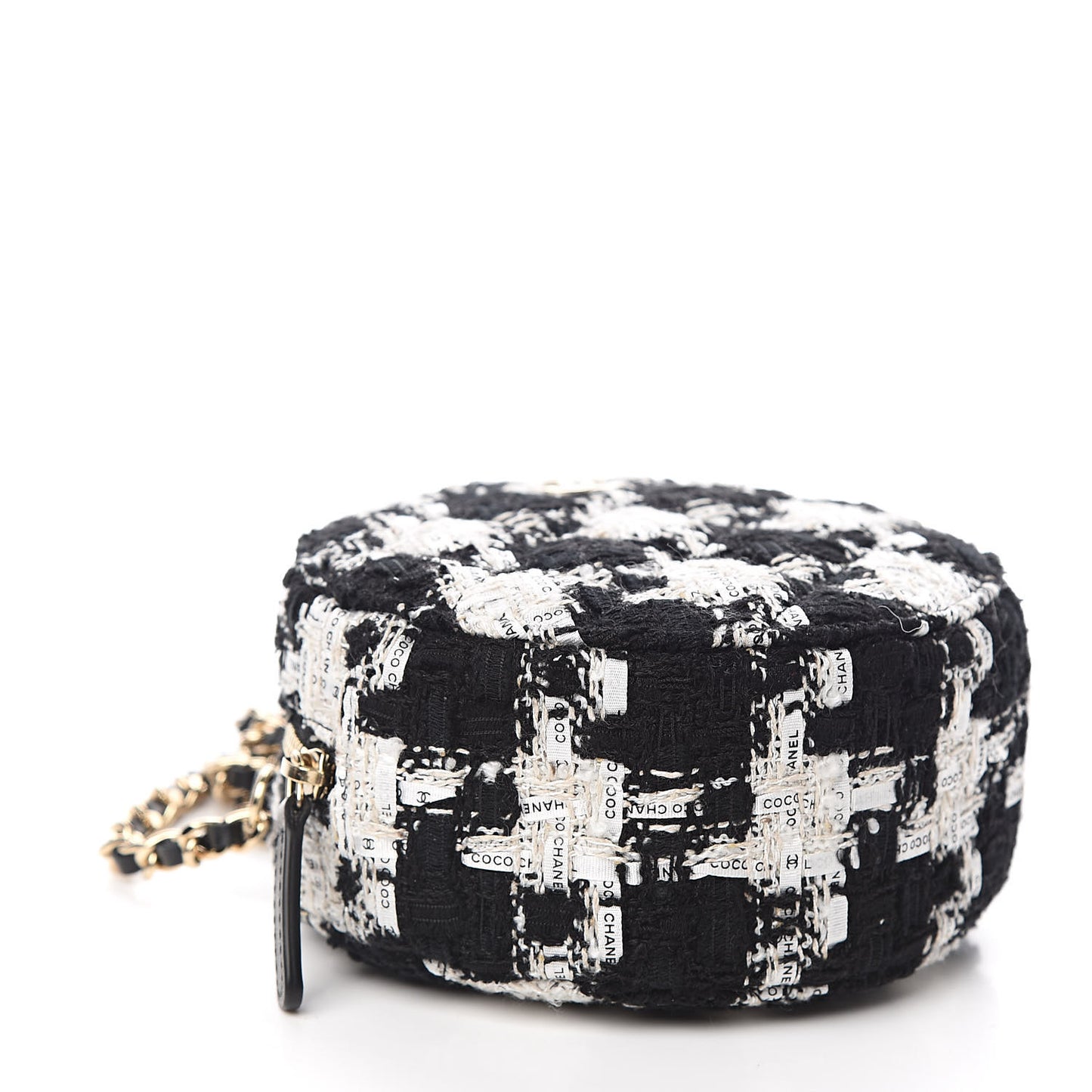 Tweed Round Clutch With Chain Black White