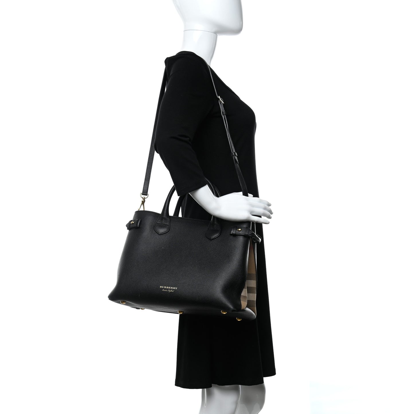 Grainy Calfskin House Check Medium Banner Tote Black