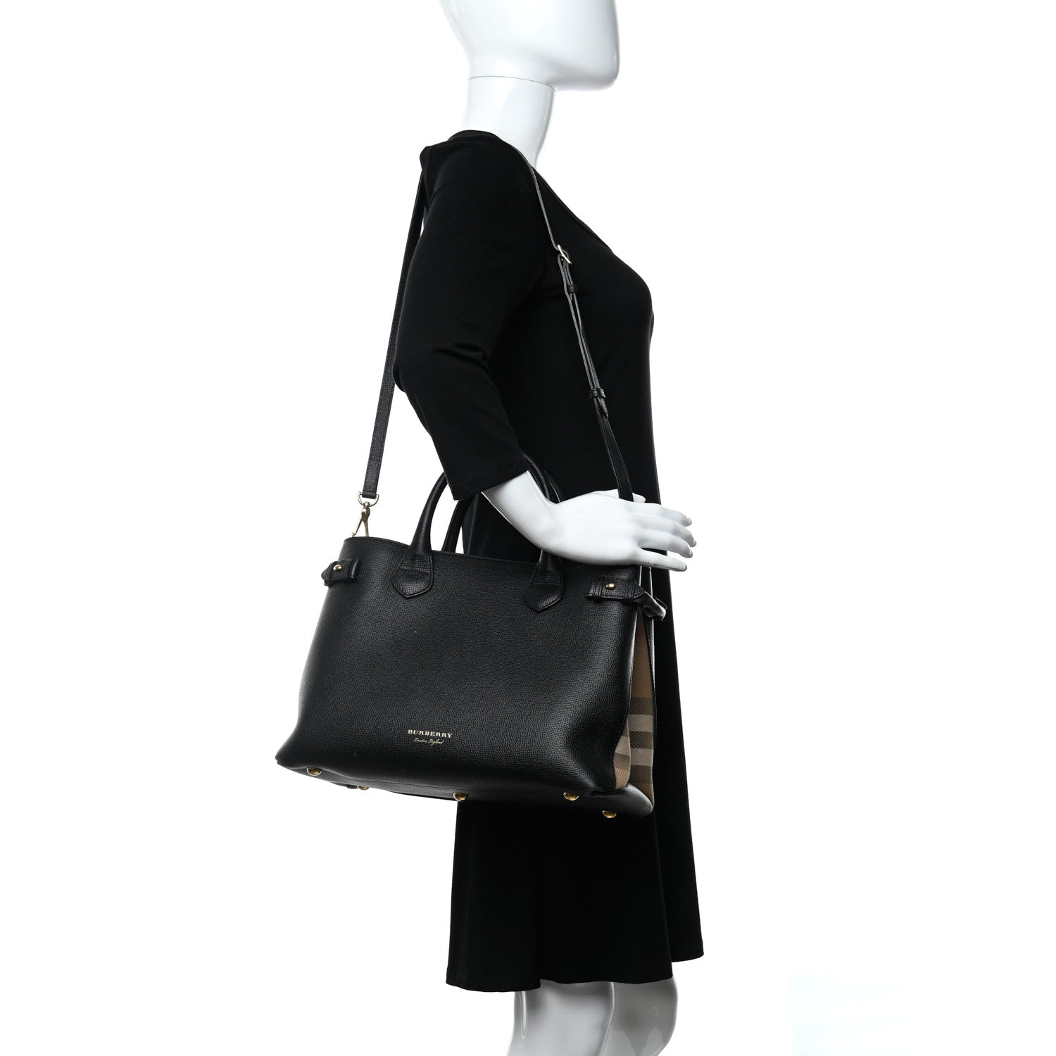 Burberry Grainy Calfskin House Check Medium Banner Tote Black 2 of 17
