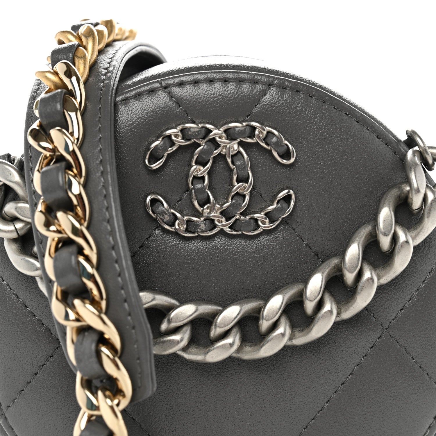 Chanel Lambskin Quilted Chanel 19 Round Clutch With Chain Grey 8 of 10