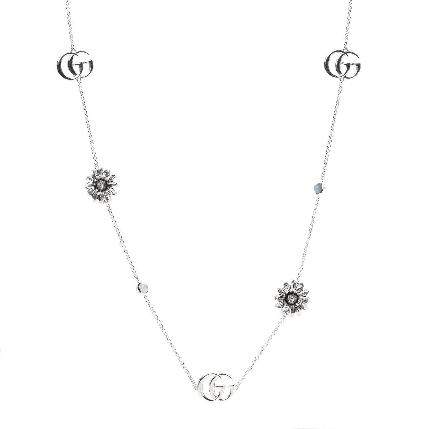Gucci Sterling Silver Mother of Pearl Topaz GG Marmont Flower Station Necklace 1 of 5