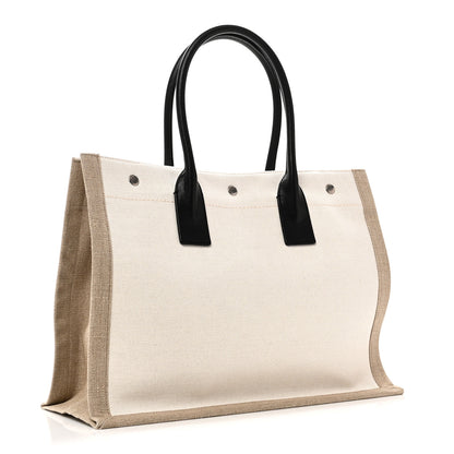 Saint Laurent Linen Calfskin Small Rive Gauche Tote Greggio Natural 3 of 9