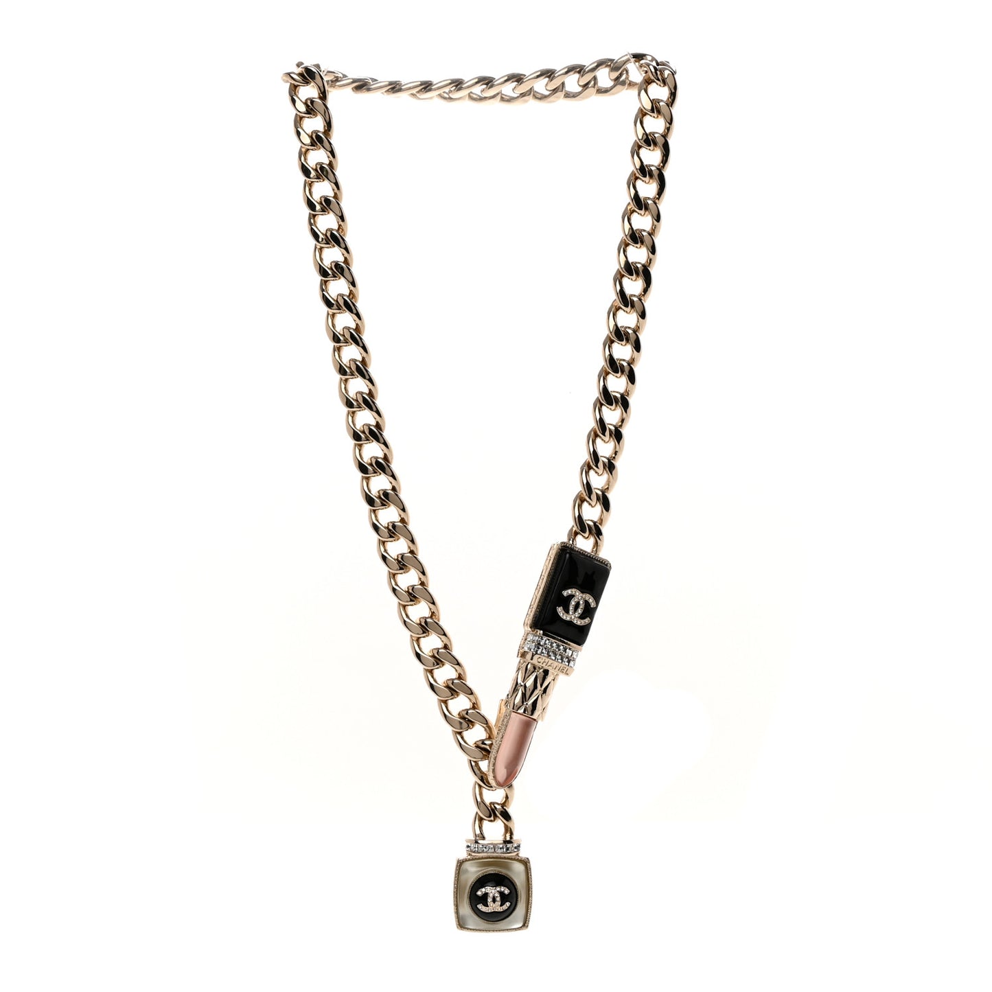 Metal Strass Pearl Lipstick Necklace Pink Gold
