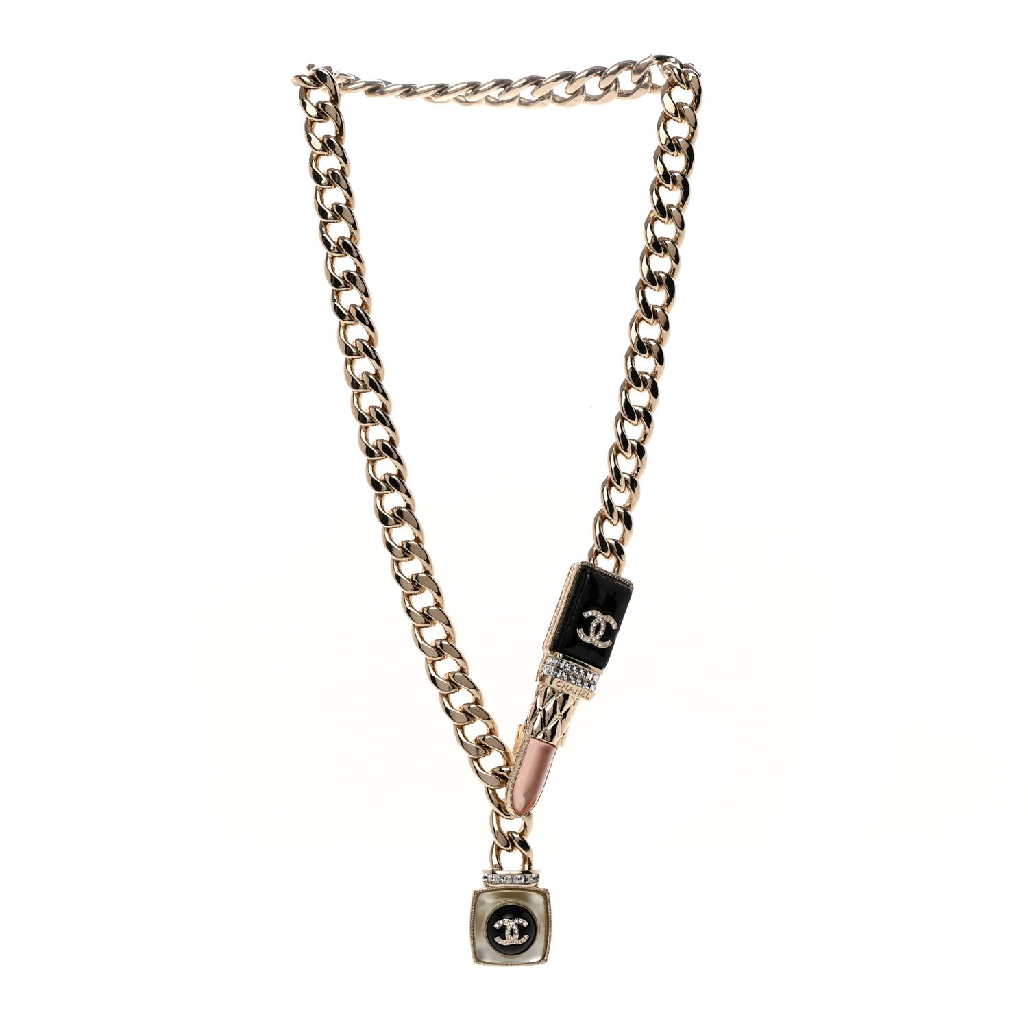 Chanel Metal Strass Pearl Lipstick Necklace Pink Gold 3 of 5