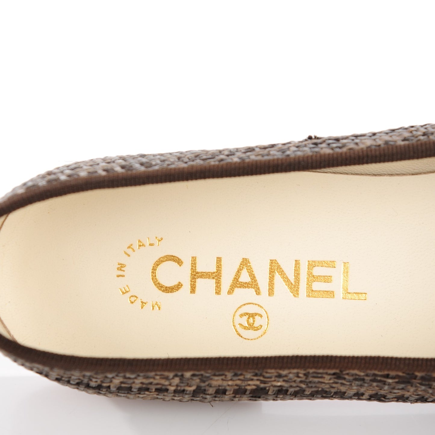 Tweed Ribbon Metallic Crackled Calfskin CC Cap Toe Ballerina Flats 38.5 Brown Gold