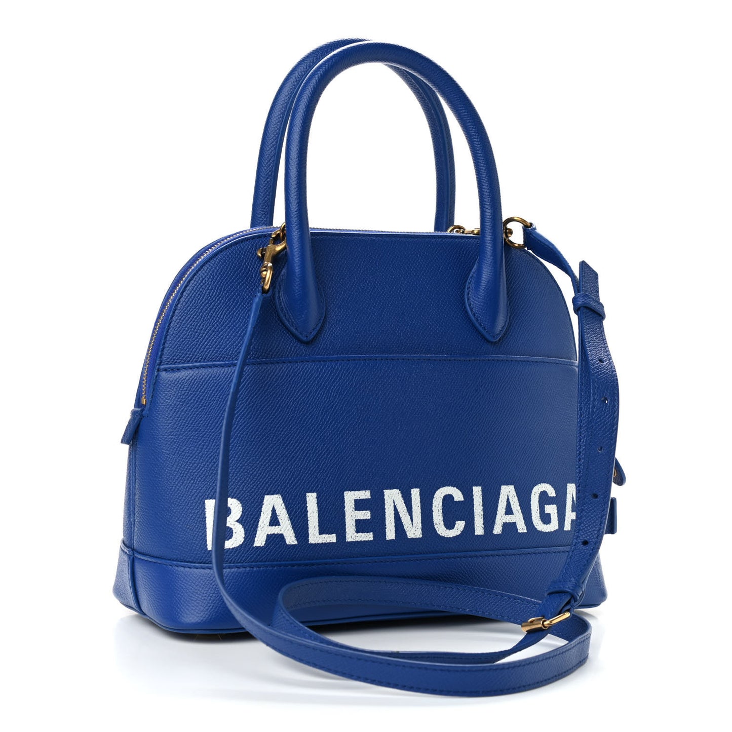 Signature Grained Calfskin Logo S Ville Top Handle Bag Bleu Roi White