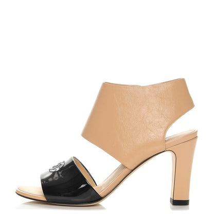 Chanel Crumpled Calfskin Patent Heel Sandals 35.5 Beige Black 1 of 9