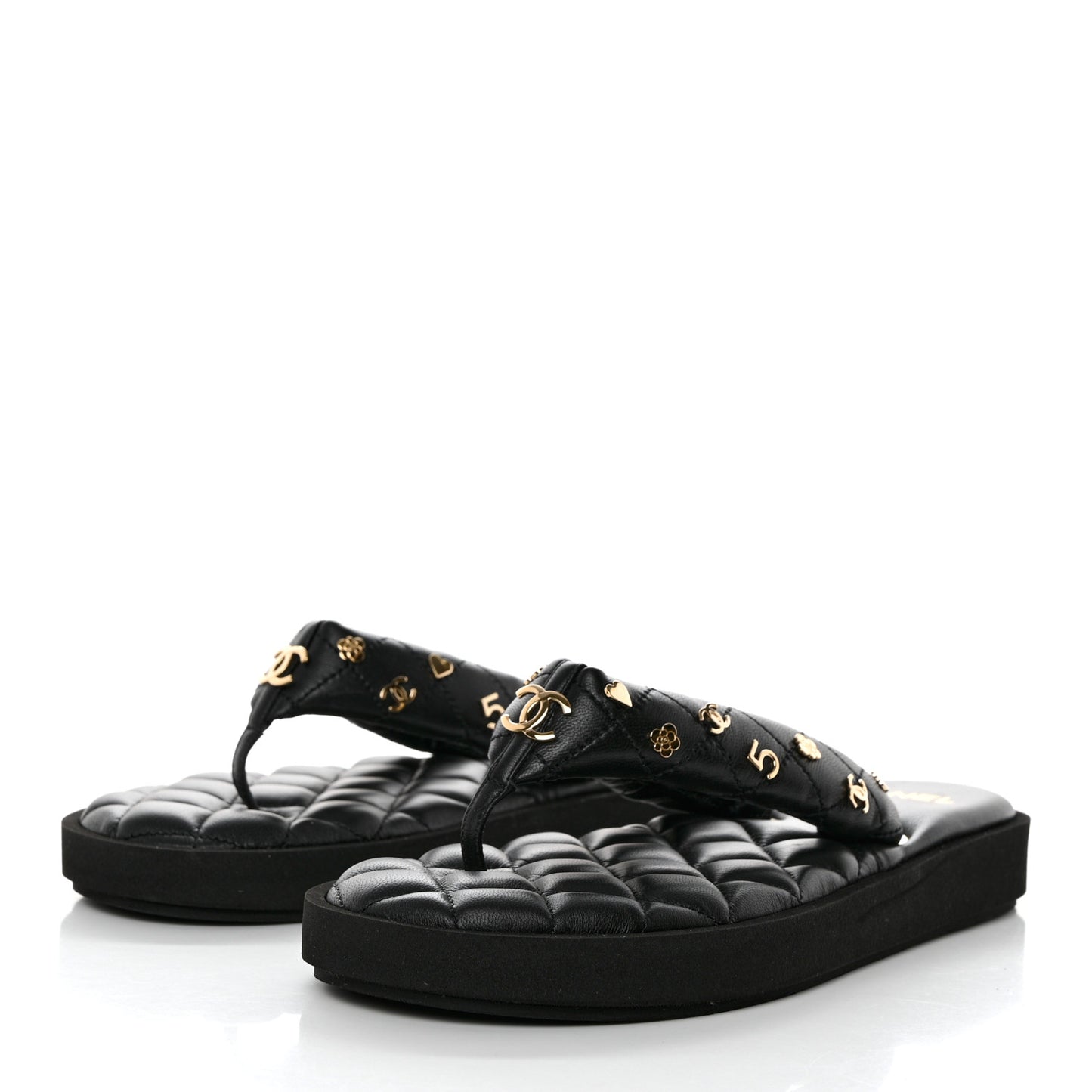 Lambskin Quilted Padded Charms Thong Sandals 39.5 Black