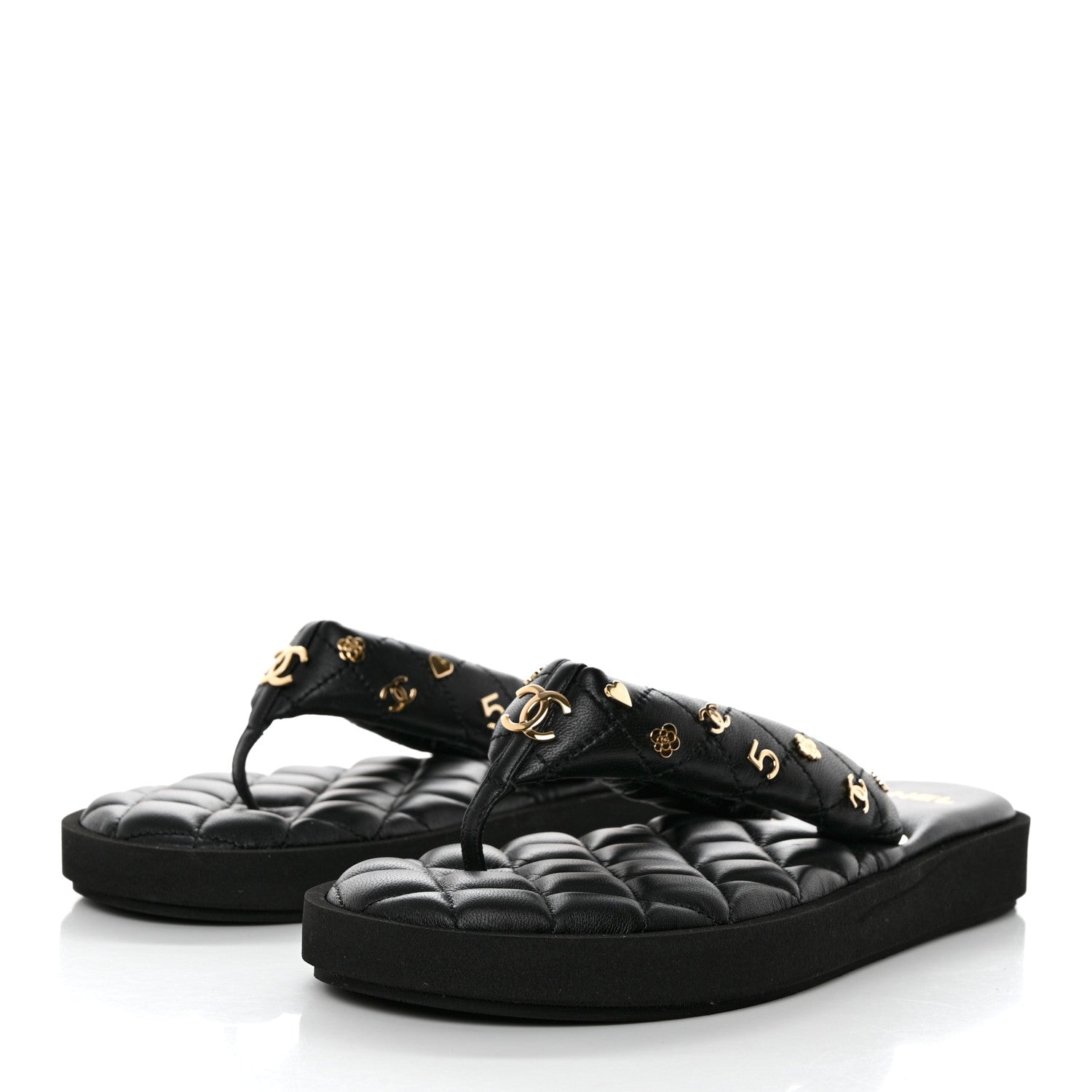 Chanel Lambskin Quilted Padded Charms Thong Sandals 39.5 Black 3 of 8