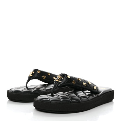 Chanel Lambskin Quilted Padded Charms Thong Sandals 39.5 Black 3 of 8