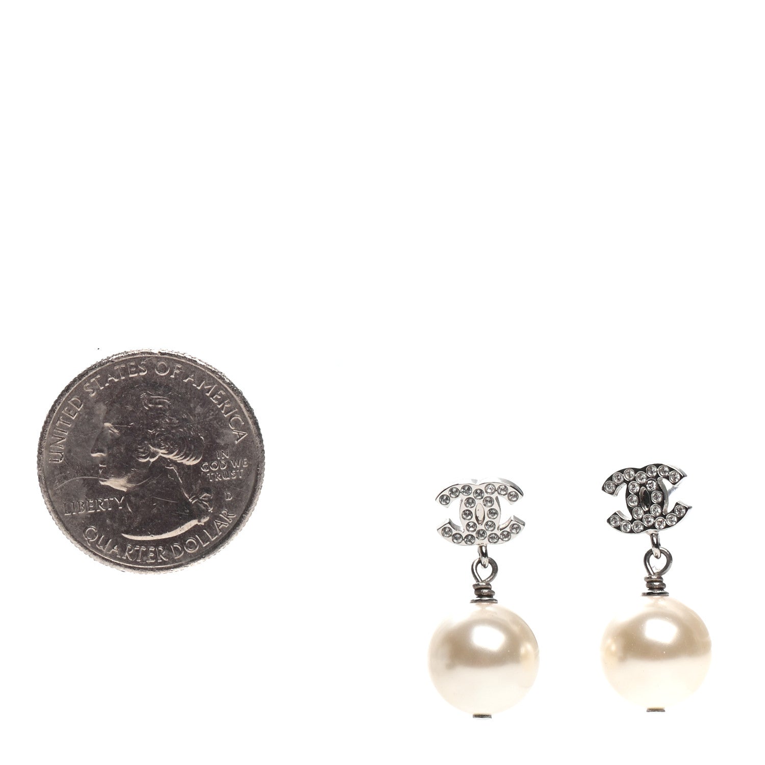 Chanel Crystal Pearl CC Drop Earrings Silver 2 of 4