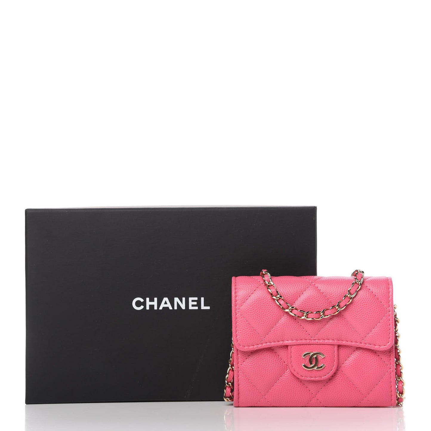 Caviar Quilted Flap Card Holder On Chain Pink