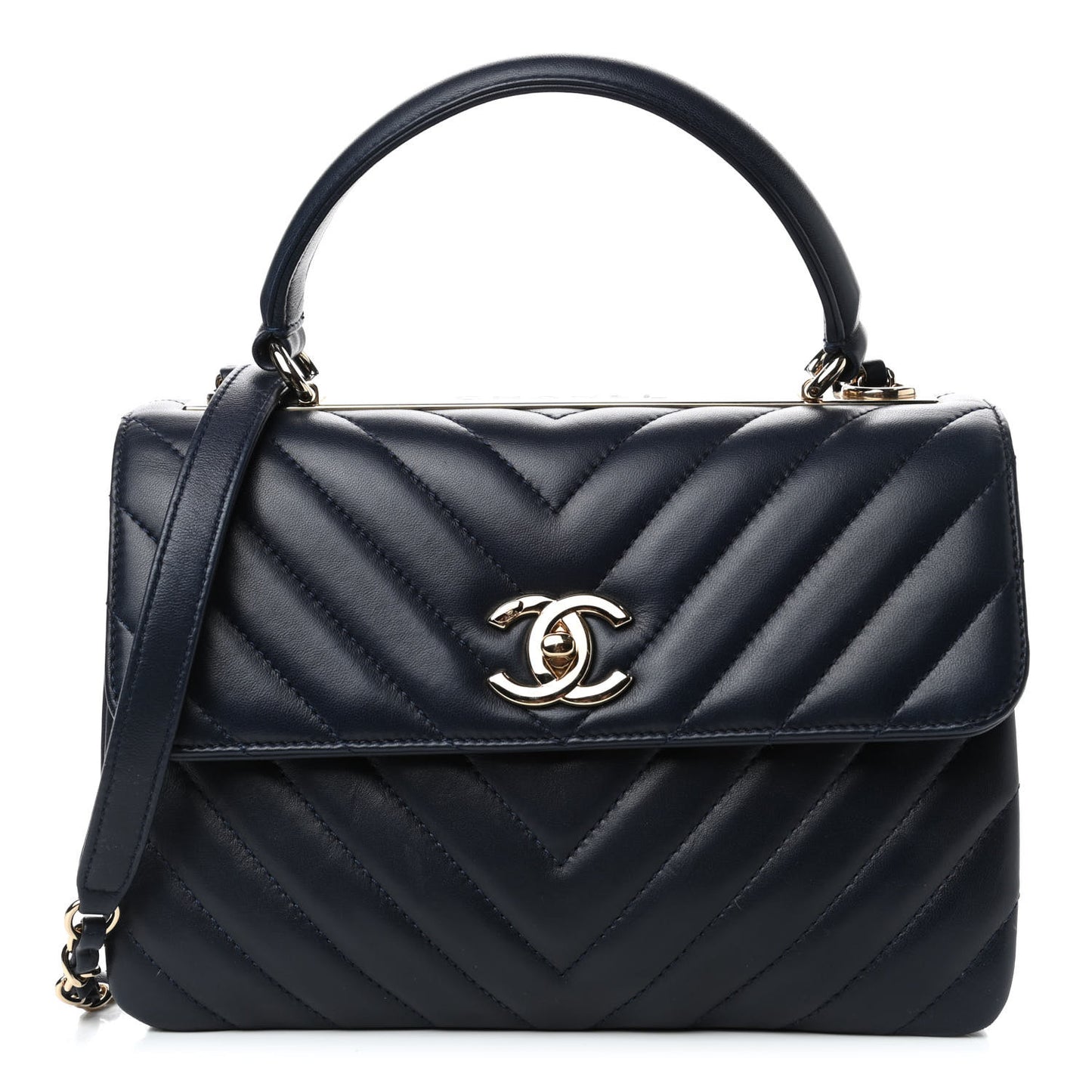 Lambskin Chevron Quilted Small Trendy CC Flap Dual Handle Bag Navy