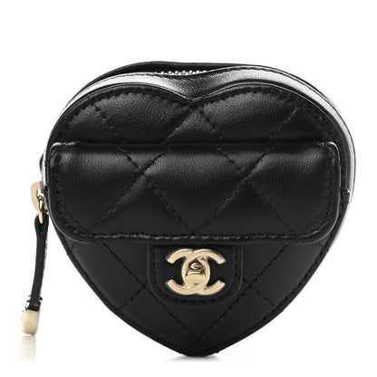 Chanel Lambskin Quilted CC In Love Heart Zipped Arm Coin Purse Black 1 of 8