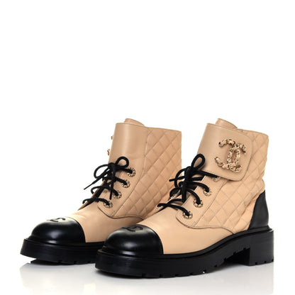 Chanel Lambskin Calfskin Quilted Lace Up Combat Boots Beige Black 3 of 6