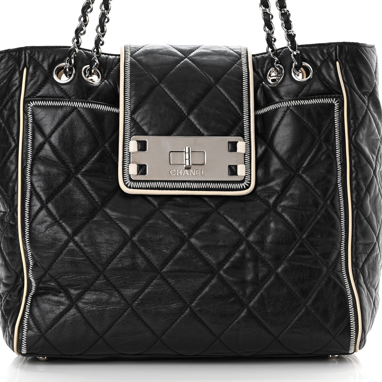 Glazed Lambskin Quilted Large North South Tote Black