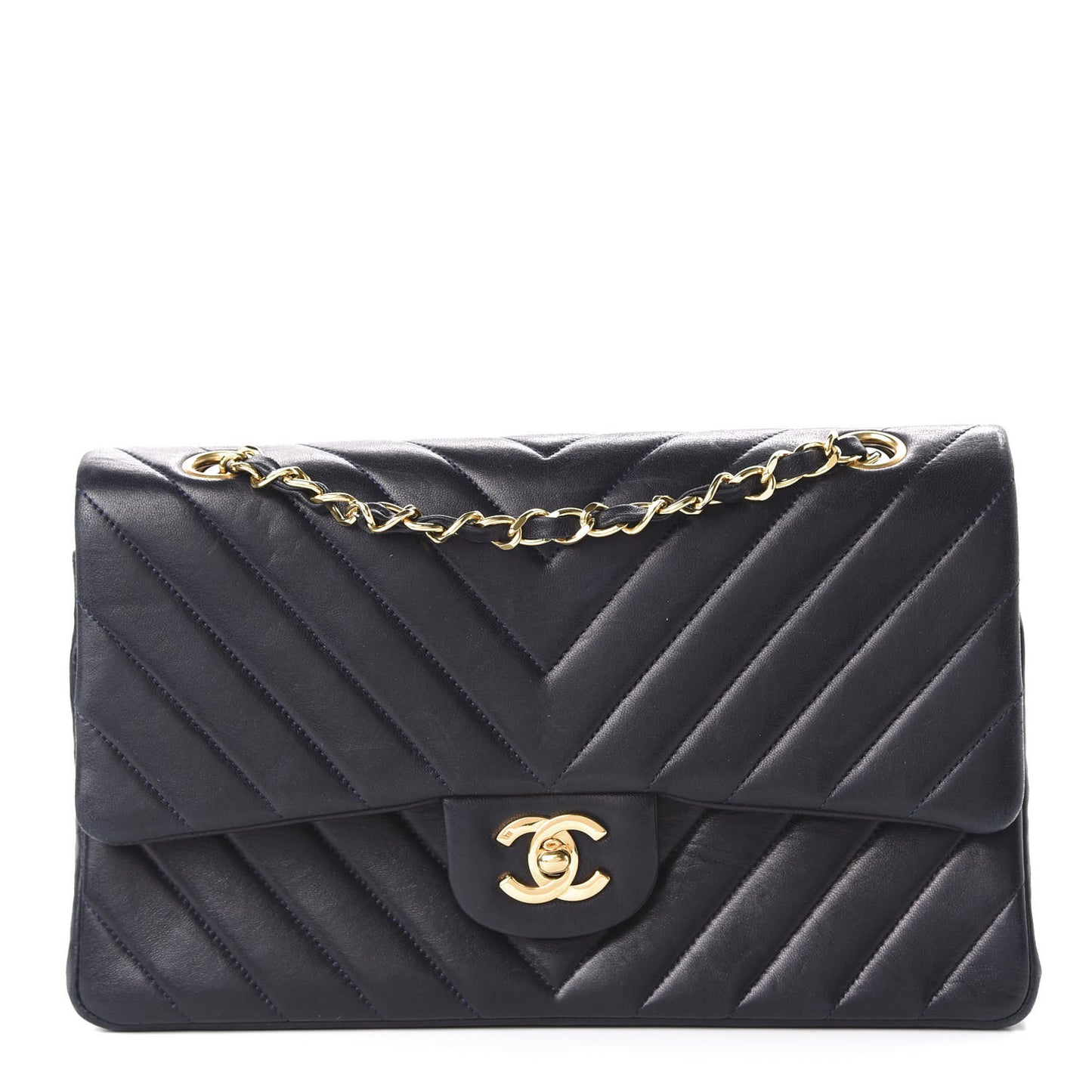 Lambskin Chevron Quilted Medium Double Flap Navy Blue