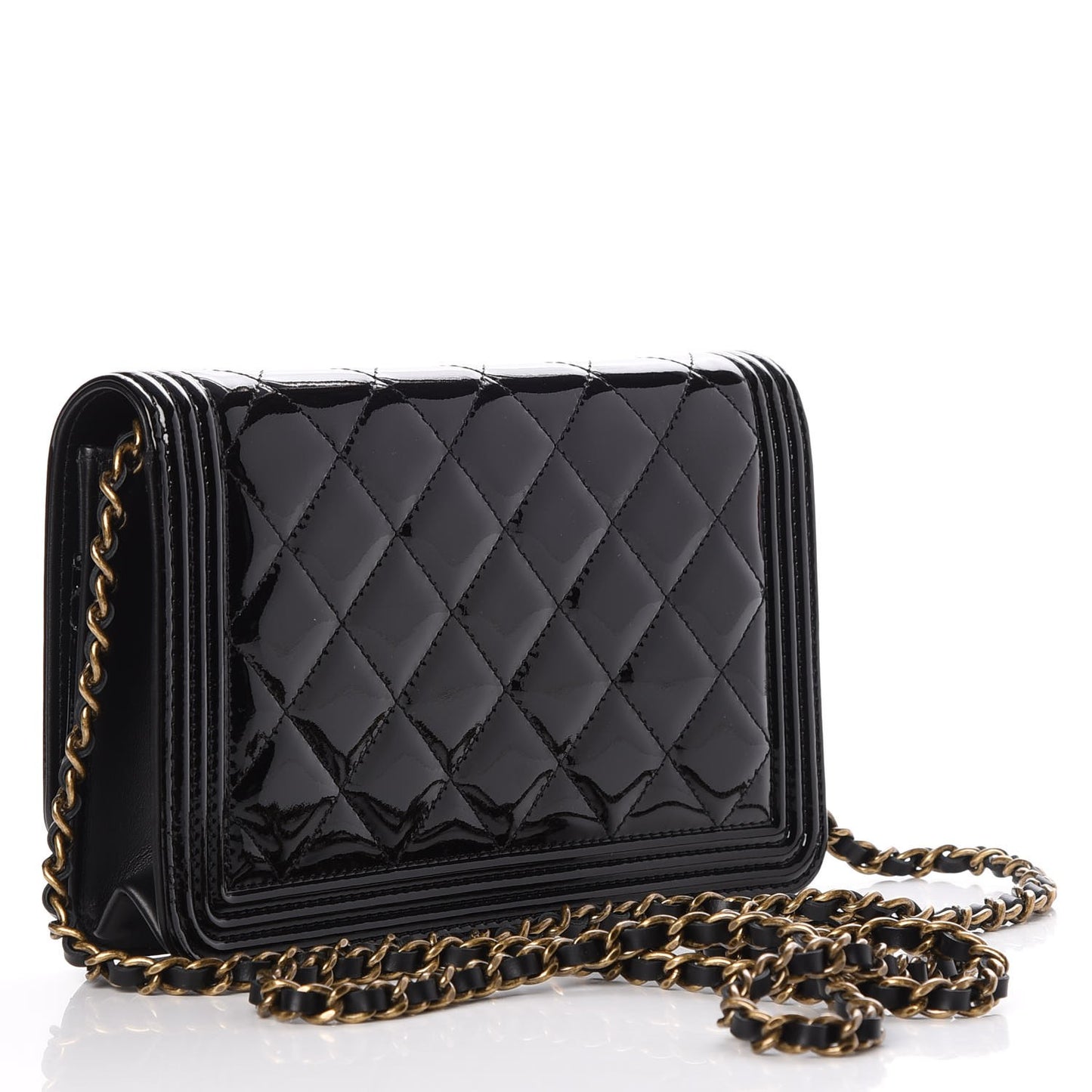 Patent Calfskin Quilted Boy Wallet On Chain WOC Black