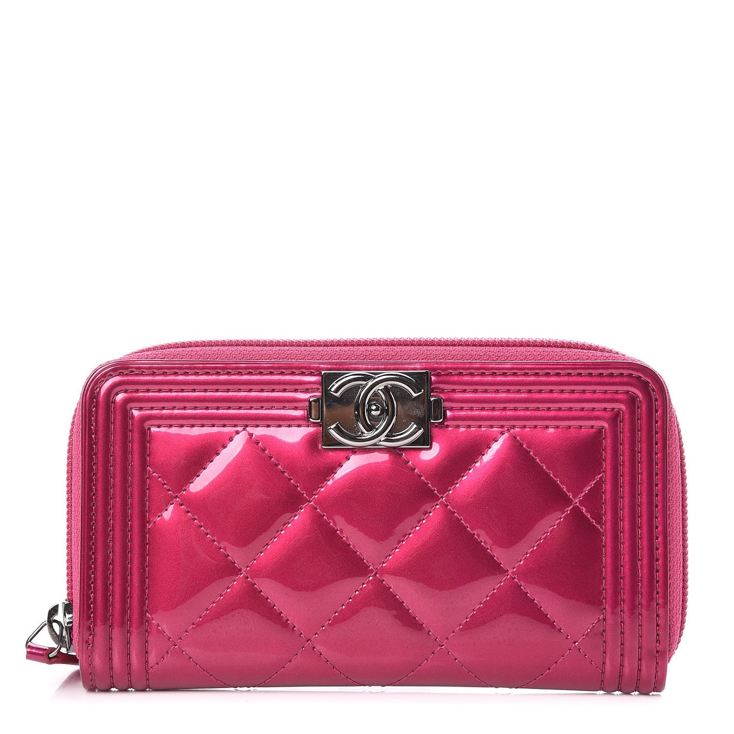 Metallic Patent Quilted Boy Zip Around Wallet Fuchsia