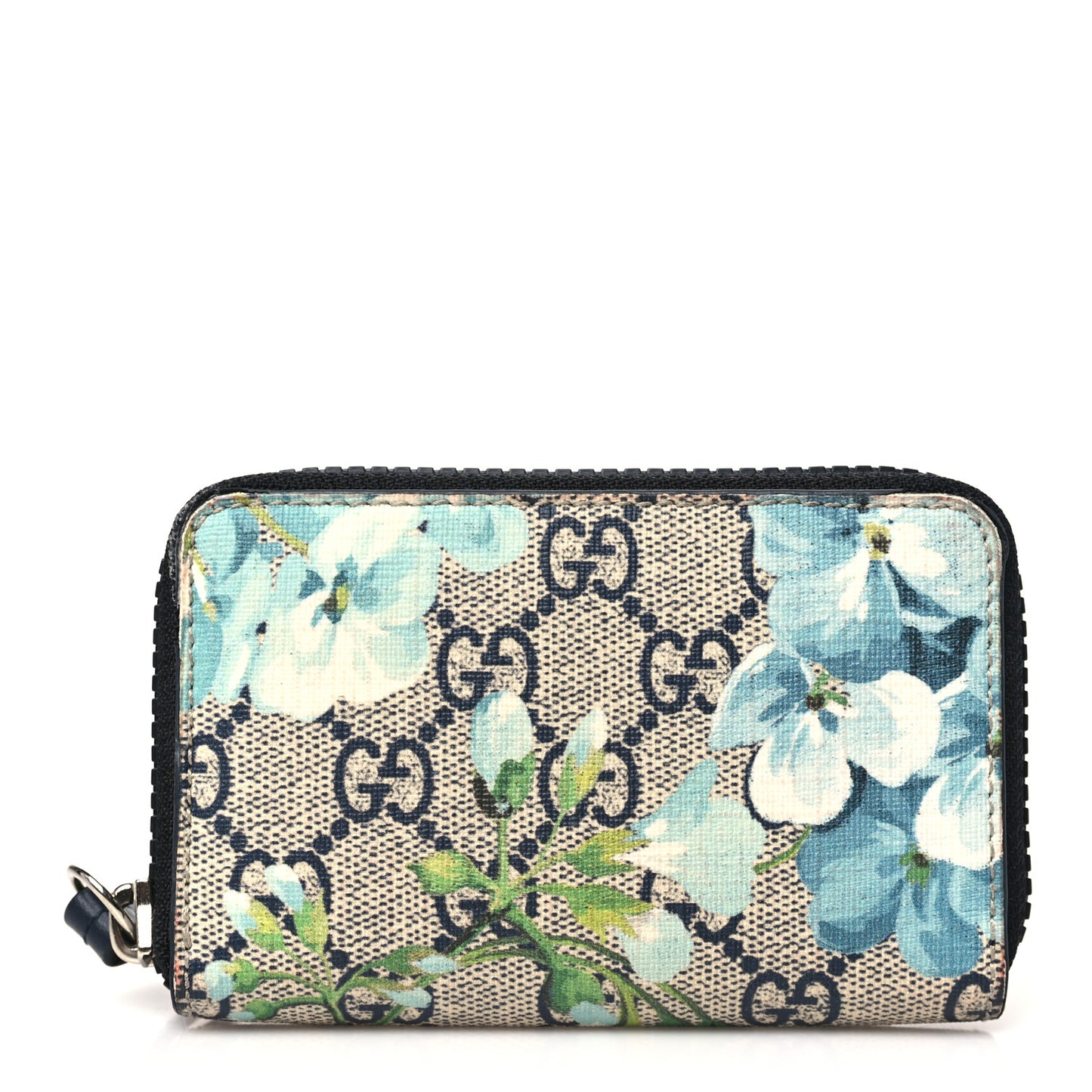 GG Supreme Monogram Blooms Zip Around Card Case Wallet Beige Blue Navy