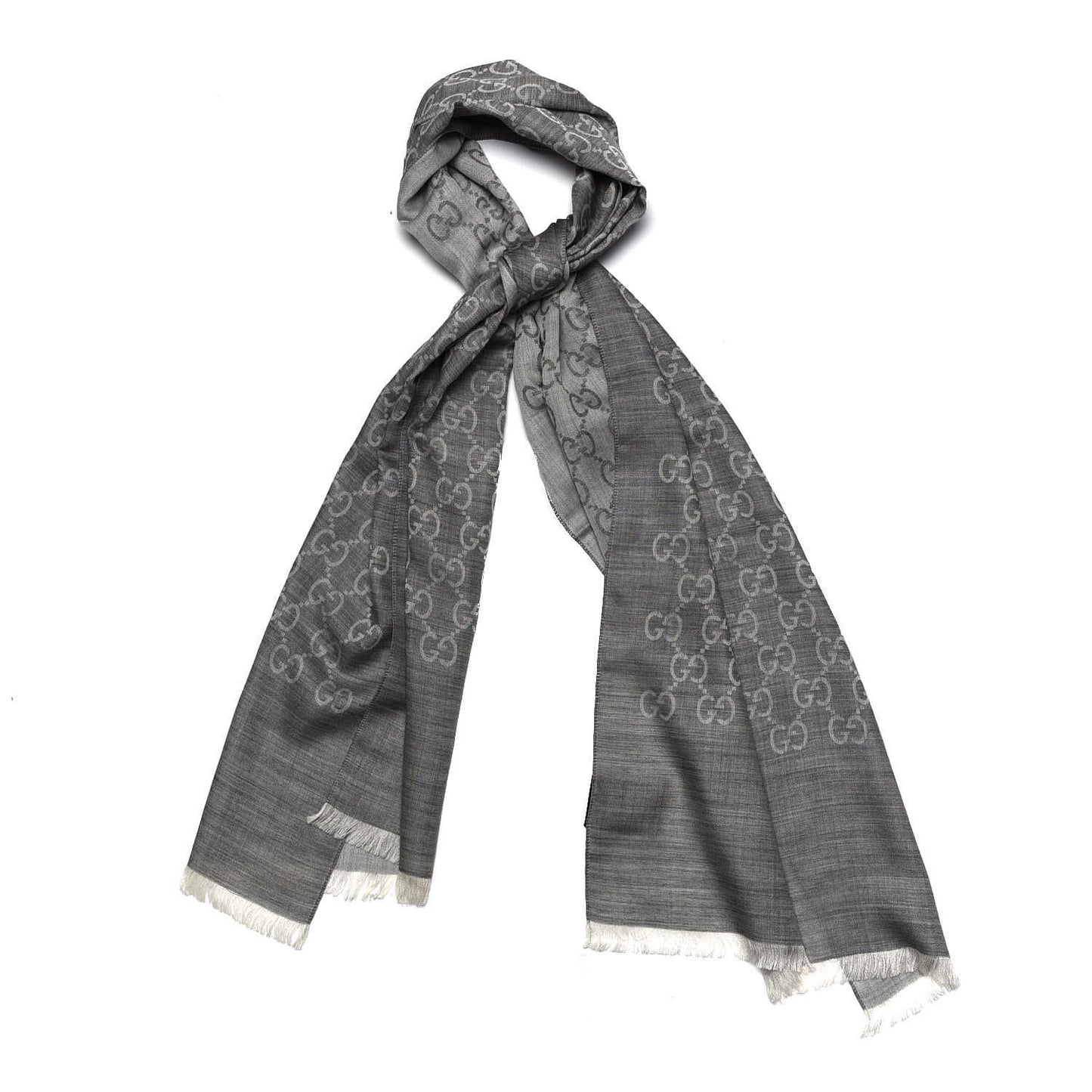 Wool Silk Monogram Fringe Scarf Grey