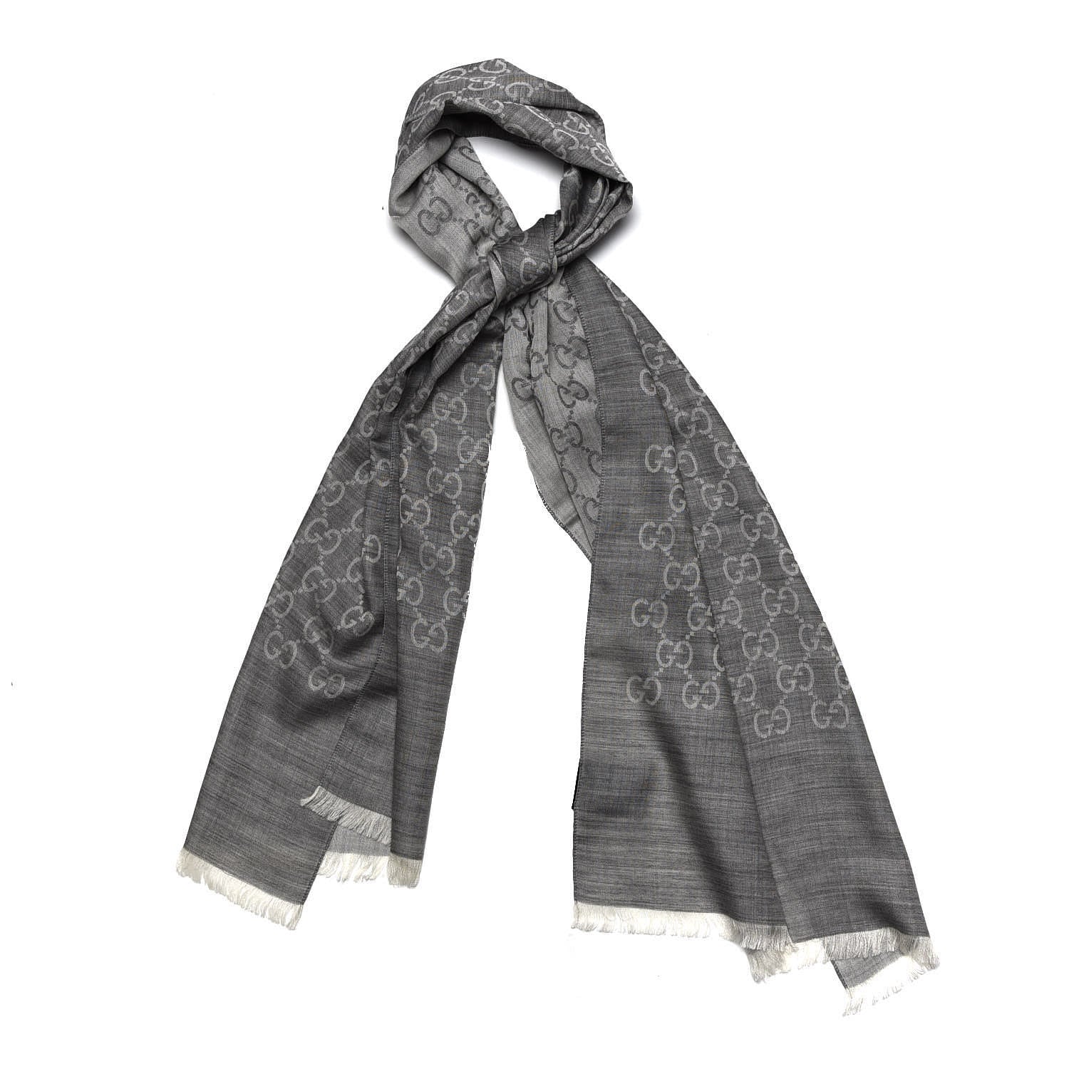Gucci Wool Silk Monogram Fringe Scarf Grey 1 of 5