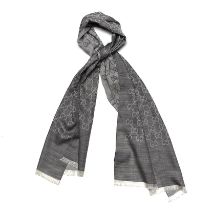 Gucci Wool Silk Monogram Fringe Scarf Grey 1 of 5