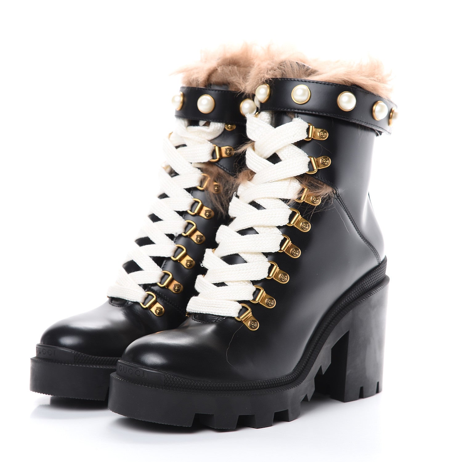 Gucci Magnum Calfskin Fur Pearl Lace Up Combat Ankle Boots 39 Black Naturale 3 of 8