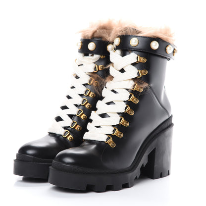Gucci Magnum Calfskin Fur Pearl Lace Up Combat Ankle Boots 39 Black Naturale 3 of 8