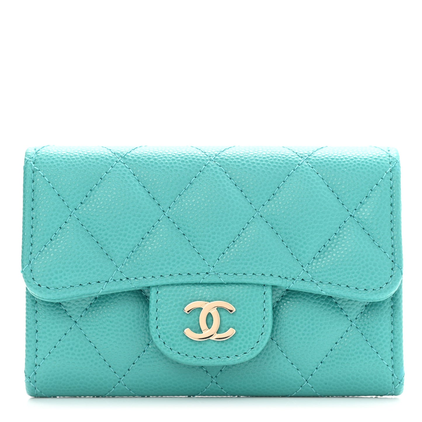 Caviar Quilted Flap Card Holder Wallet Turquoise