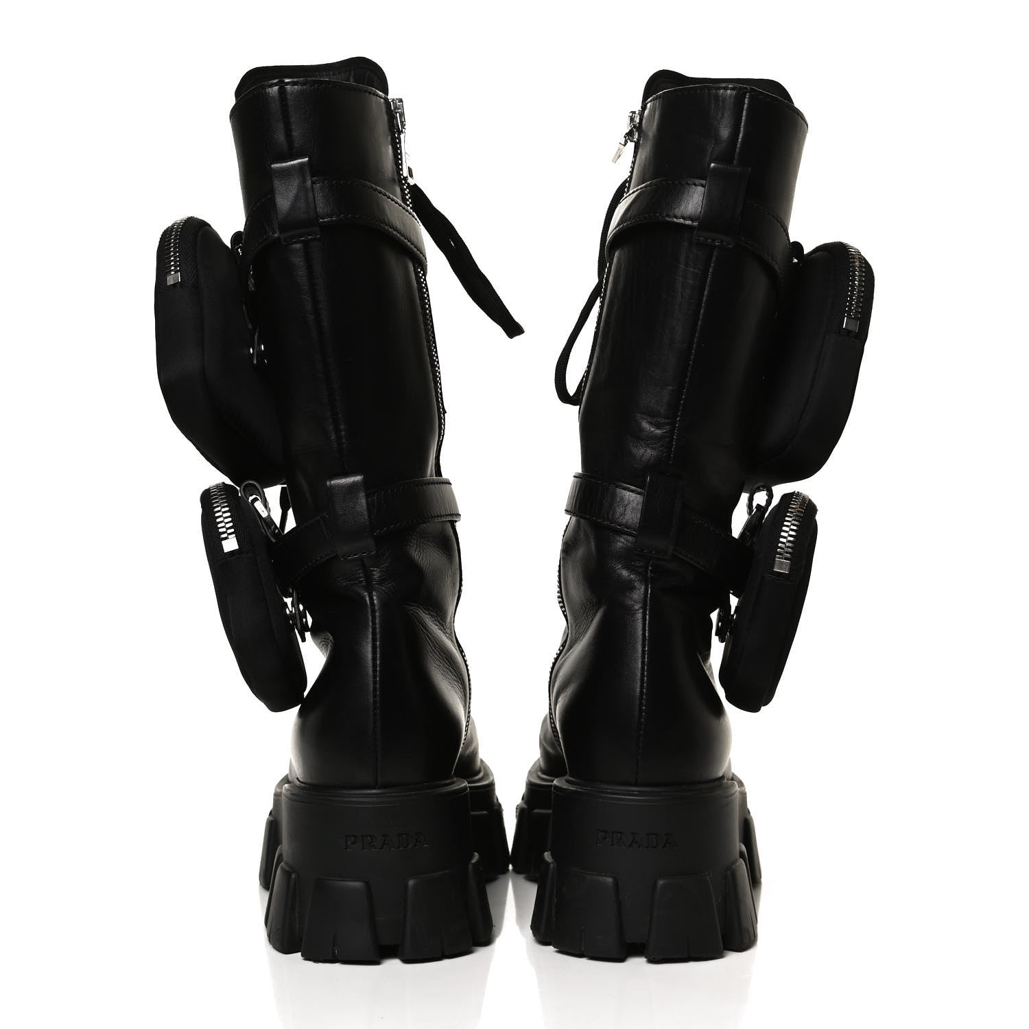 Prada Vitello Lux Nylon Metal Triangle Logo Monolith Pouch Pocket 55mm Tall Combat Boots 36 Black 6 of 12