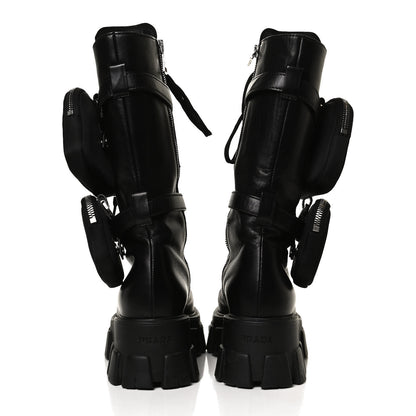 Prada Vitello Lux Nylon Metal Triangle Logo Monolith Pouch Pocket 55mm Tall Combat Boots 36 Black 6 of 12