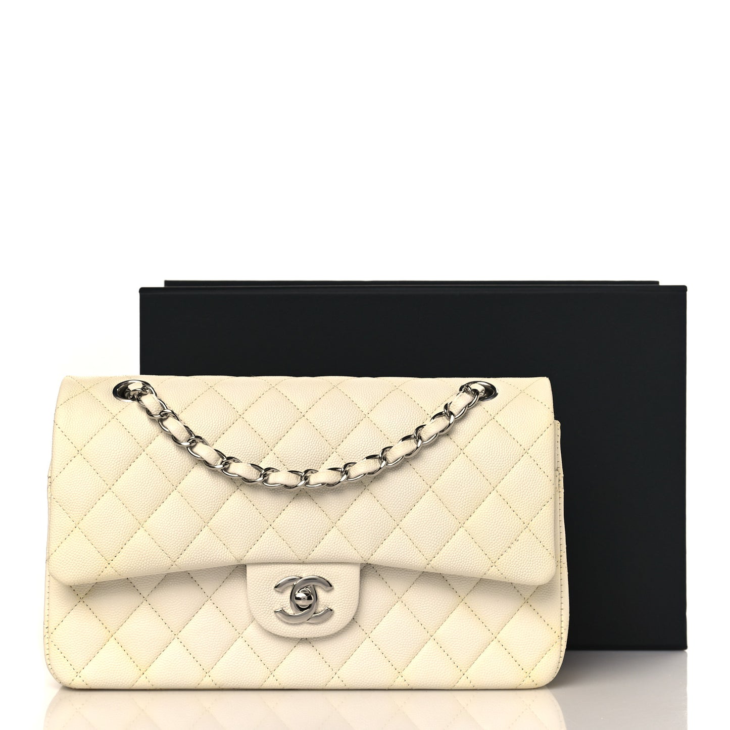 Caviar Quilted Medium Double Flap White