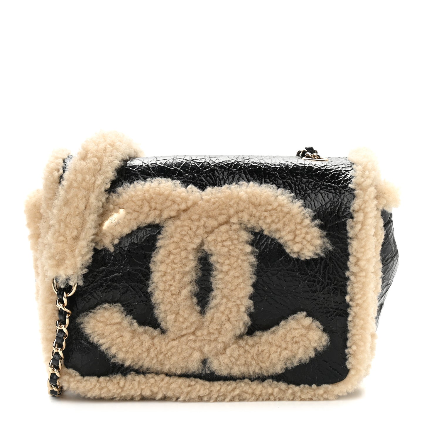 Shiny Crumpled Sheepskin Shearling CC Mania Flap Bag Black Beige