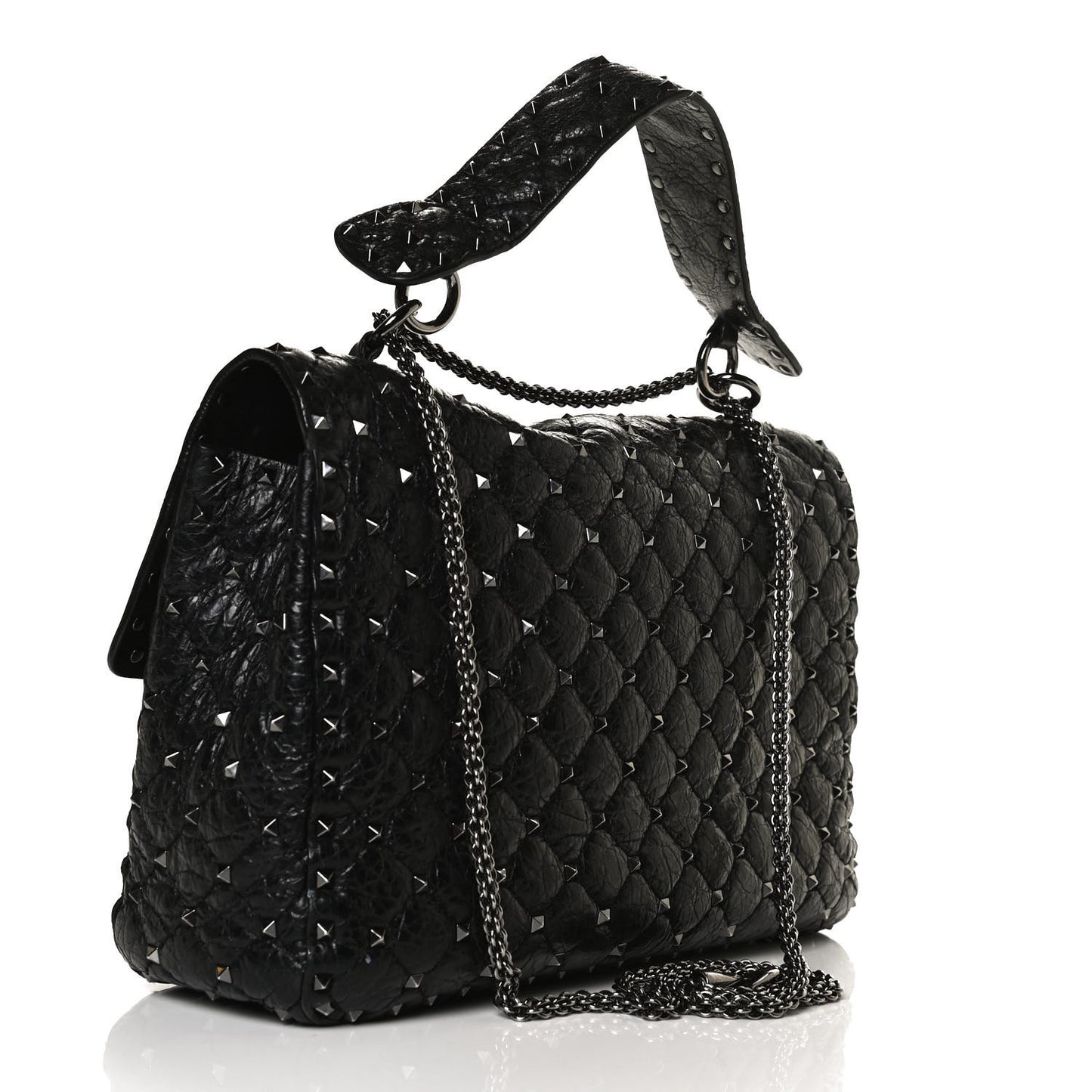 Craquele Nappa Large Rockstud Spike Shoulder Bag Black