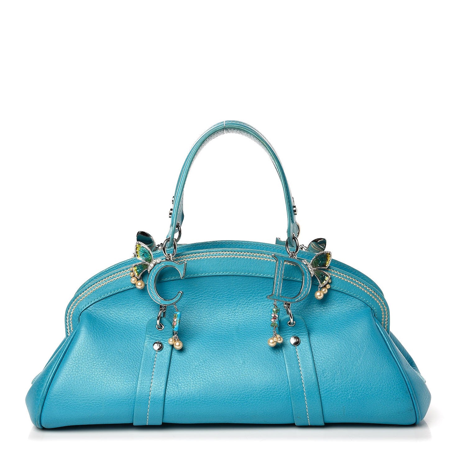Calfskin Butterfly Pearls Frame Satchel Blue