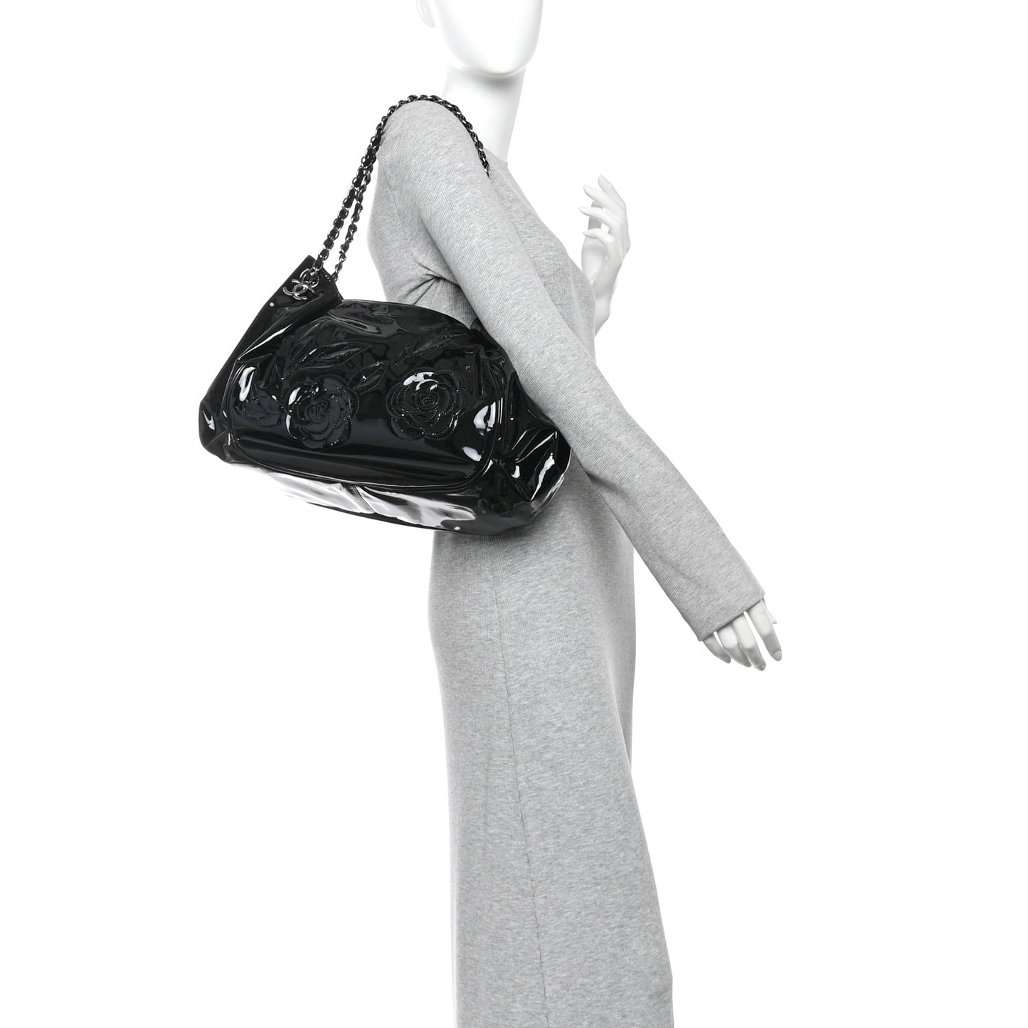 Patent Camellia Shoulder Bag Black