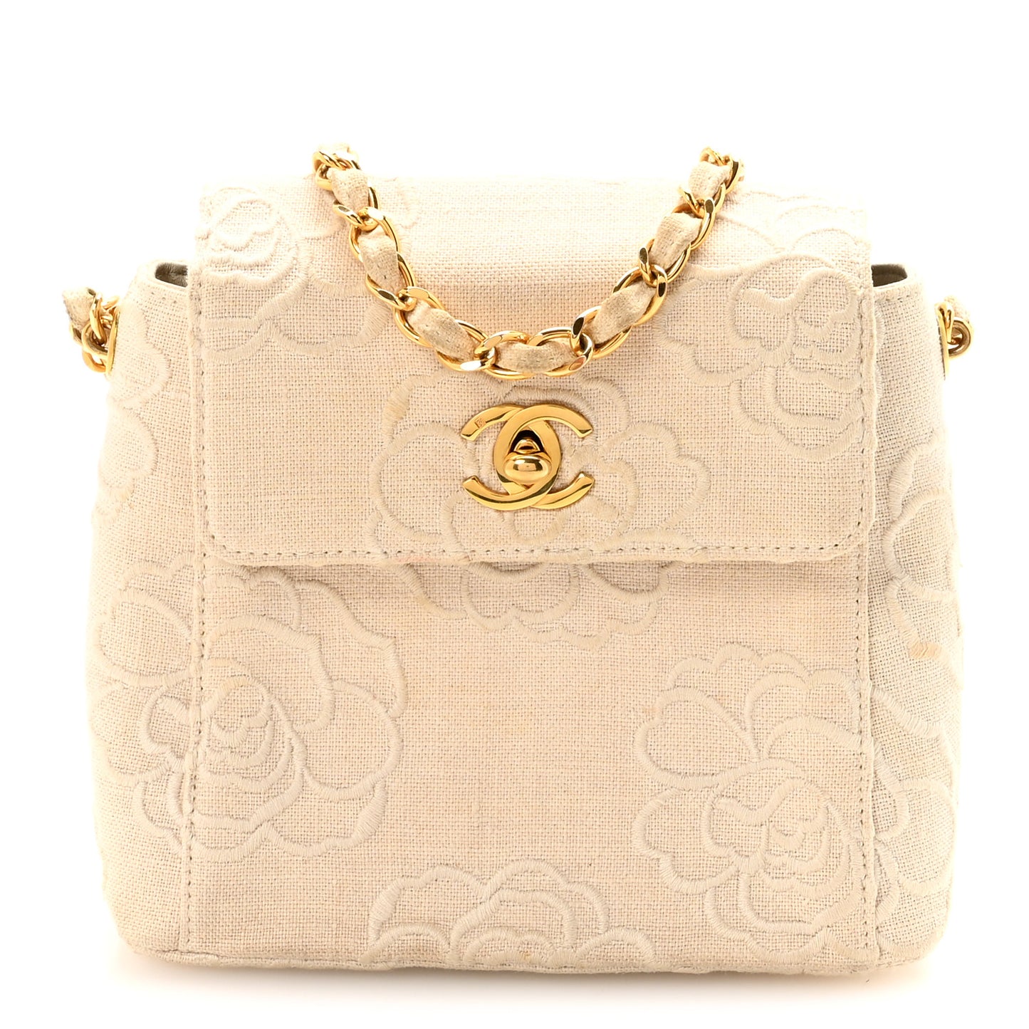 Canvas Camellia Embroidered Mini Square Flap  Ivory